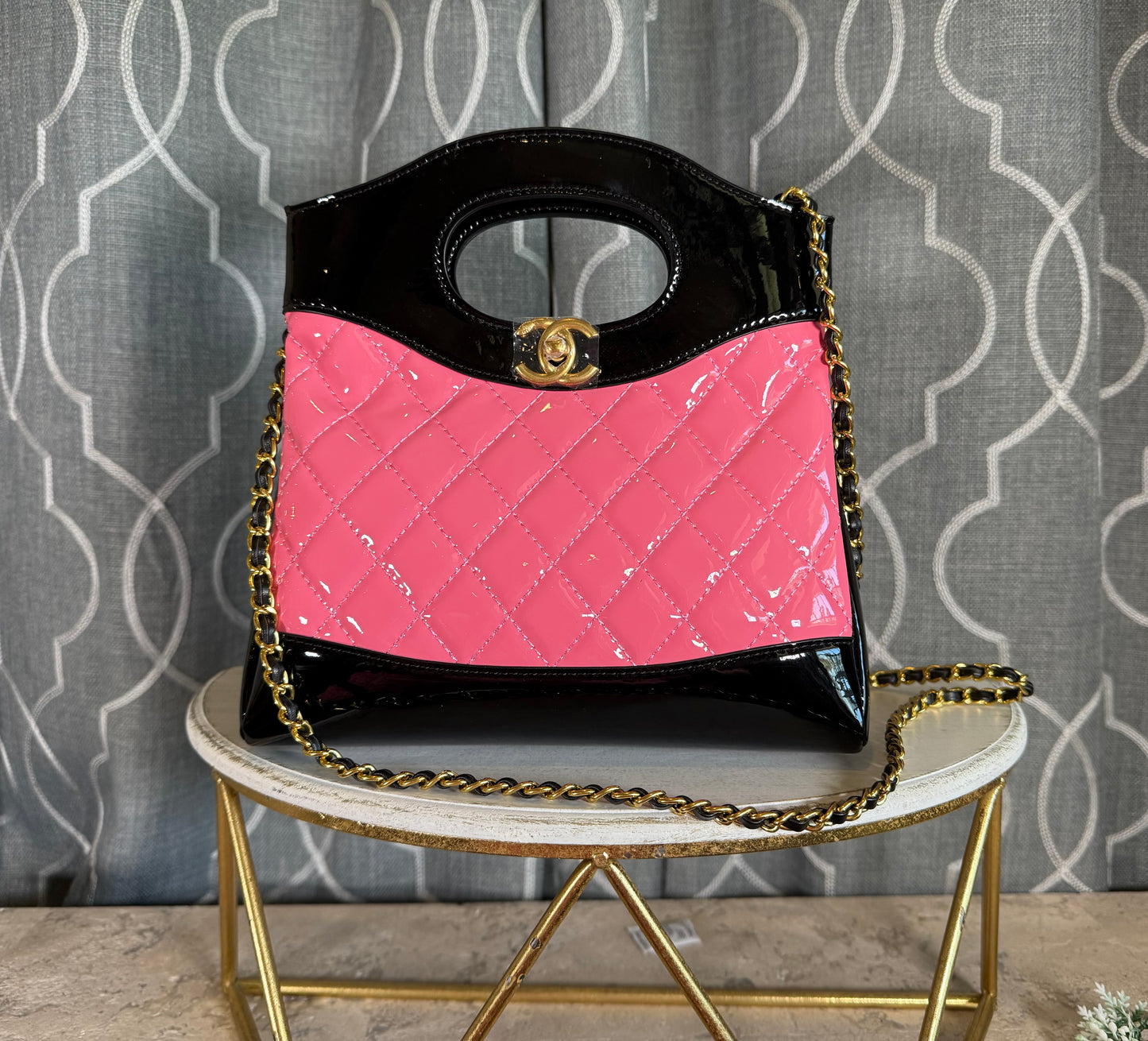 Clearance- CC Patent Leather Shoulder Bag- Hot Pink and Black