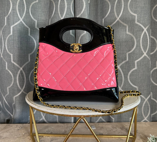 Clearance- CC Patent Leather Shoulder Bag- Hot Pink and Black