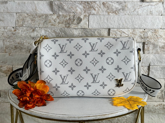 Mirror Bags- White and Grey White Monogram Top Zip Crossbody Bag